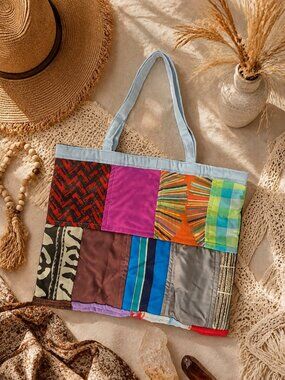 Handmade Quilted Patchwork Tote Bag 17x13 Boho Market Bag